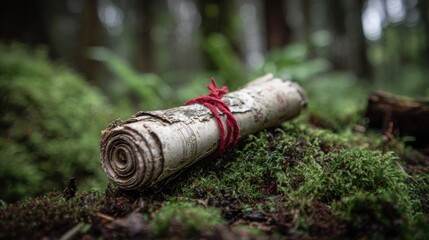Fototapeta premium A rolled ancient scroll tied with red string lies on rich green moss in a serene forest.