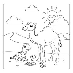 Fototapeta premium Lizard, Camel, Snake & Bird Desert Dunes Coloring Page