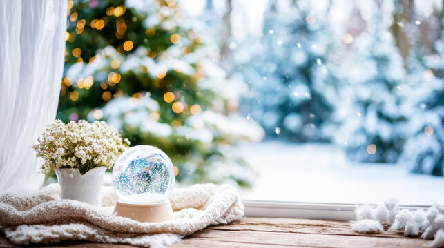 Snow globe and flowers on wooden window sill with festive Christmas tree lights outside during a winter snowfall