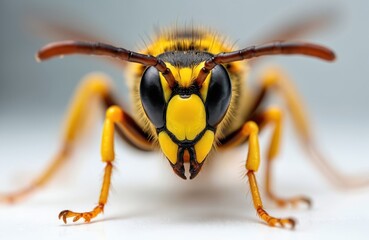 Fototapeta premium Macro photo shows yellow jacket wasp. Insect head large black compound eyes, segmented antennae, powerful mandibles. Yellow, black striped body covered with fine hairs. Tiny predator looks directly
