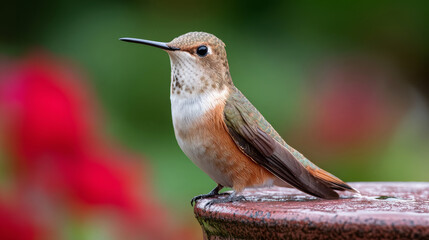 Fototapeta premium Rufous hummingbird perching calmly outdoors, observing its surroundings, with a soft green and red bokeh background