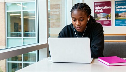 African American college student focused on her laptop in a campus building. Young woman with earphones engaged in e-learning or online classes