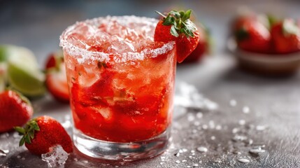 A vibrant strawberry cocktail sits on a rustic table surrounded by fresh strawberries and lime wedges.