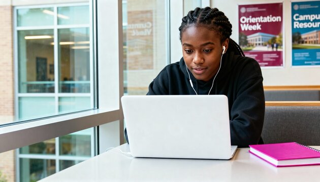 African American college student focused on her laptop in a campus building. Young woman with earphones engaged in e-learning or online classes