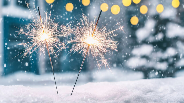Two bright sparklers burning, emitting golden sparks over fresh snow against a blurred background with soft bokeh lights and falling snowflakes - Powered by Adobe