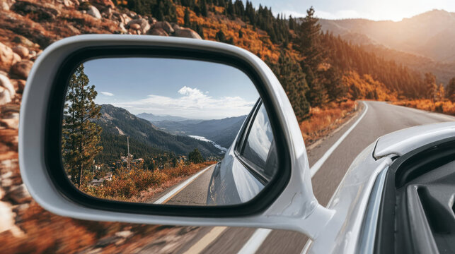 Car side mirror reflecting scenic autumn mountain road, valley, and lake view during a road trip