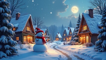 Enchanting christmas village scene with snowman and cozy homes winter wonderland festive atmosphere scenic viewpoint whimsical concept
