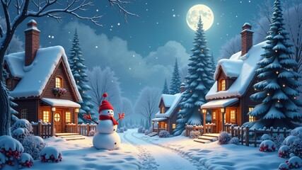 Enchanting christmas village scene with snowman and cozy homes winter wonderland festive atmosphere scenic viewpoint whimsical concept
