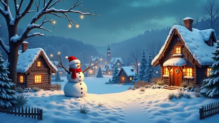 Enchanting christmas village scene with snowman and cozy homes winter wonderland festive atmosphere scenic viewpoint whimsical concept
