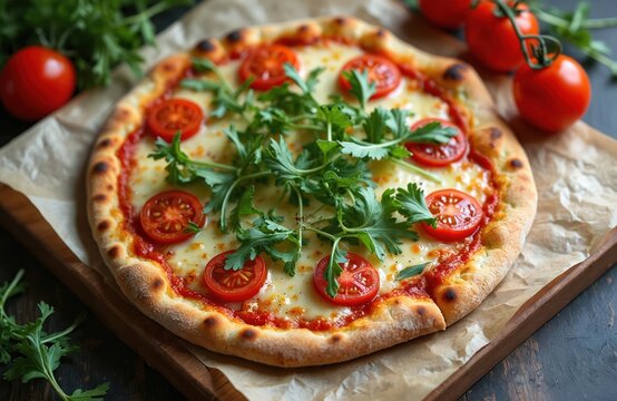 Freshly baked pizza served on wooden board. Pizza with tomatoes and rocket. Italian cuisine ready to eat. Food still life of tasty pizza with herbs and vegetables ingredients. Close up view.