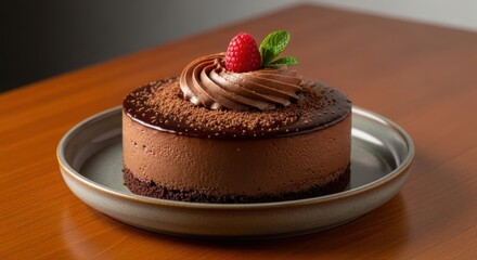 Rich chocolate mousse cake with glaze, cocoa powder, whipped cream swirl, fresh raspberry and mint leaf on a ceramic plate, a sweet treat. illustration