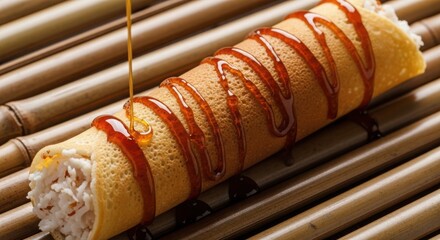Delicious sweet crepe roll filled with shredded coconut, drizzled with golden caramel syrup, served on rustic bamboo sticks for a delightful dessert or snack illustration