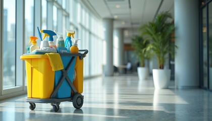 Cleaning cart with supplies stands in a modern office hallway. Ready for janitorial work. Includes bottles sprays cloths and buckets. Empty space for text banner.