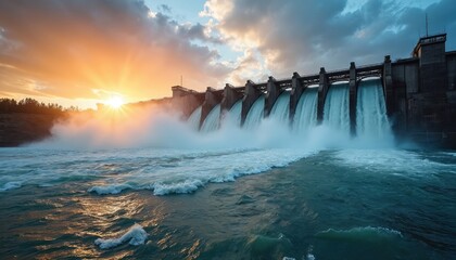 Obraz premium Massive concrete dam releases powerful water flow from reservoir into river below. Powerful hydro power plant operates at sunset with sun rays illuminating mist over water cascades.