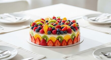 Fresh fruit cake with strawberries, blueberries, raspberries, kiwi, orange slices on a white table, perfect for celebration or healthy dessert. illustration