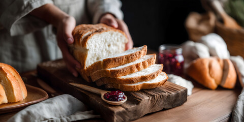 Creative food lifestyle template. A pair of woman chef hand placing freshly baked sliced white bread with spoon jar of jam spread, on rustic serving board, table kitchen background. Copy text space.