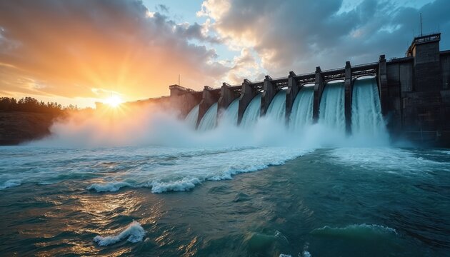 Massive concrete dam releases powerful water flow from reservoir into river below. Powerful hydro power plant operates at sunset with sun rays illuminating mist over water cascades.