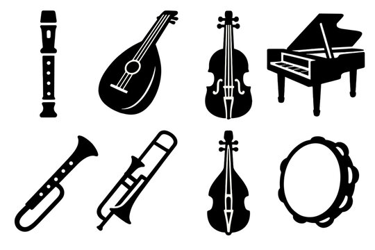 Bold Early Music Icons. Early music performance silhouette set: recorder, lute, viola da gamba, harpsichord, cornett, sackbut, rebec, tambourine.