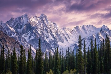 Majestic snow capped mountains under a dramatic purple sunset sky