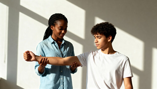 Black female physical therapist examining a teenage patient's arm. Doctor and young man during a rehabilitation session in a clinic.