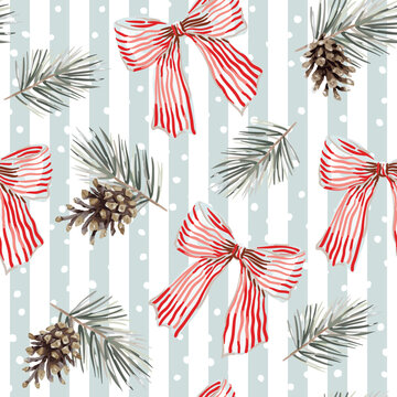 Christmas seamless pattern, pine cones, twigs, bows, snow, striped background. Vector illustration. Nature design. Season greeting. Winter xmas holidays