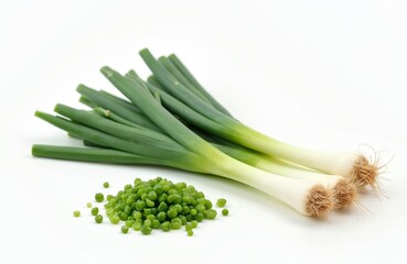 Obraz premium Isolated young green onion stalks on white. Fresh scallions, chopped scallion. Food blogger can use this vibrant, healthy food for vegetarian recipe book. Greens for spring detox.
