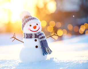 Naklejka premium Schneemann in Winterlandschaft, Sonnenschein 