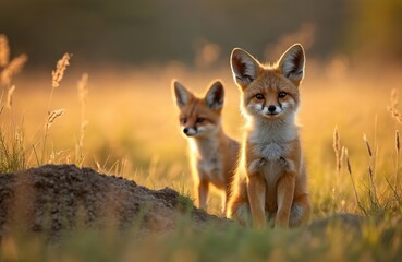 Obraz premium Two adorable fox cubs sit on grassy mound during golden hour sunset. One cub looks directly at camera, in background softly blurred. Warm light illuminates fur, surrounding wild meadow flora.