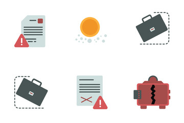 Minimal business risk icons, alert document, shining coin, travel briefcase, dotted wallet, caution sign, compliance awareness vector