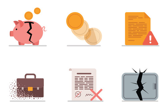 Economy crisis icons, broken piggy bank, falling coins, legal papers with alert, briefcase, rejected agreement, compliance warning vector