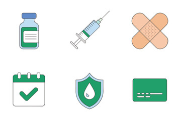 Vaccination and care icons, medicine vial, sterile syringe, adhesive bandage, calendar tick, water shield emblem, identification card vector