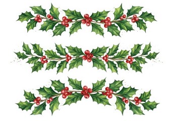 Fototapeta premium Three watercolor holly branches with red berries and green leaves decor.