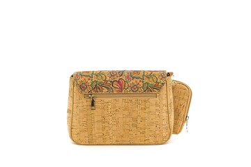 Art-patterned cork bag offering a lightweight everyday style.
