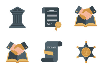 Justice and certification icons, courthouse pillar, official document, open book with hands, awarded certificate scroll, star badge