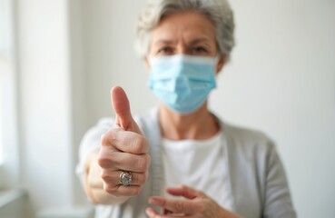 Elderly woman wears medical face mask. Gives confident thumbs up hand sign to camera. Senior lady shows approval for public health measures, like vaccine. Health, safety, virus prevention important