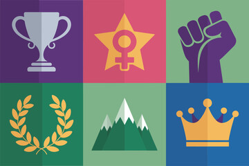 Achievement grid collection, silver trophy cup, gender star emblem, clenched fist, laurel wreath, mountain scene, royal crown