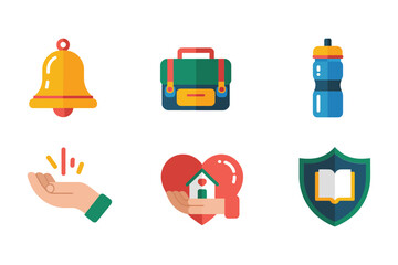 Back to school essentials icons, ringing bell, backpack, water bottle, helping hand donation, secure home lock, shield icon