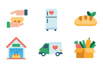Community food assistance icons, helping hand meal, heart refrigerator, fresh bread, shelter home, delivery truck, produce box
