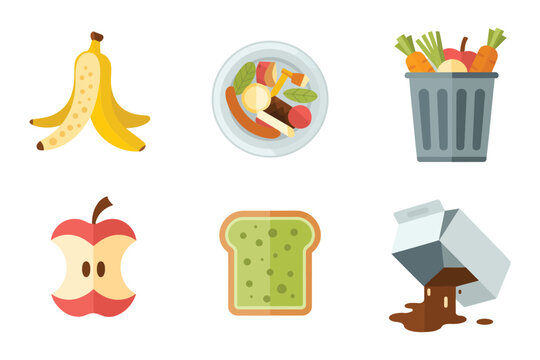 Spoiled food disposal icons, banana peel, plate scraps, garbage can, apple core, moldy bread, leaking carton, vector