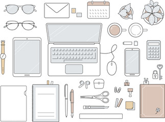大人ミニマル・俯瞰ビジネスアイコンセット｜PC・スマホ・文具・デスク小物