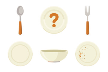 Missing meal concept, spoon and plate, question mark icon, extra bowl, simple utensils, hunger relief campaign vector