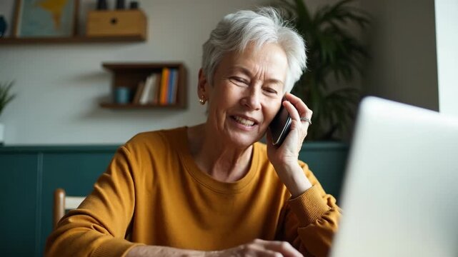 elderly woman talking on phone and smiling, sitting at home with laptop, natural light, looking at camera, concept of telemedicine, communication, senior care.