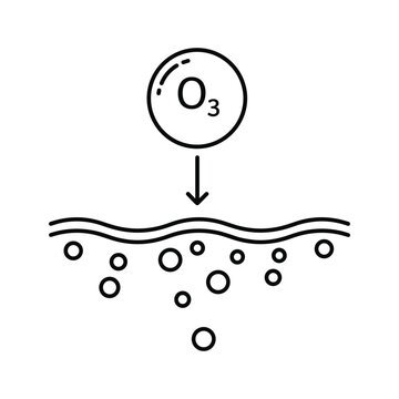 Ozone molecule o3 icon showing application or penetration into a surface layer with bubbles or particles below