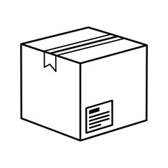 Simple line art icon of a closed cardboard shipping box with a label, isolated on
