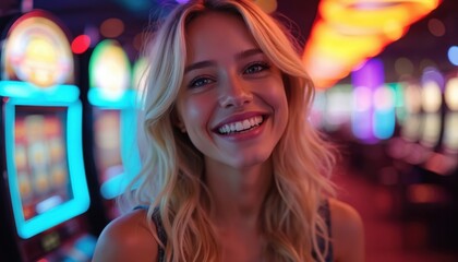 Happy young woman smiling in casino at night. Beautiful girl enjoys gambling entertainment near colorful slot machines with neon lights. She feels excitement, joy from winning big.