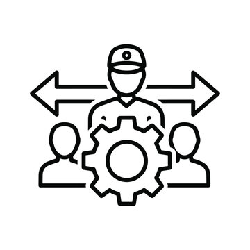 Team management and coordination icon with worker, gear, and bidirectional arrows, isolated on