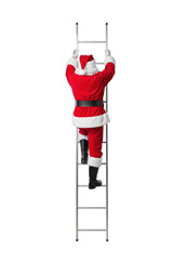 Back view of Santa Claus climbing a metal ladder, isolated on transparent background