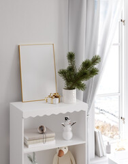 Festive poster frame mockup, cozy white nursery decorated for Christmas, 3d render
