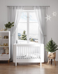 Cozy white nursery decorated for Christmas, 3d render