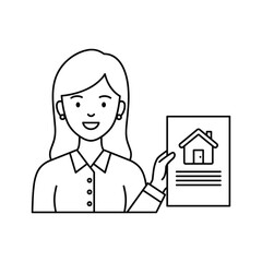 Female real estate agent or broker holding a document with a house icon, isolated on